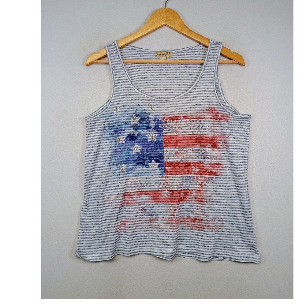 Americana One World Women S Blue White Striped Rhinestone American Flag Tank Top